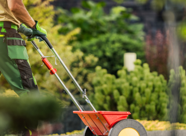 Photo of a lawn fertilizer getting pushed on grass